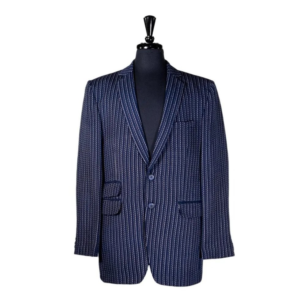 Mens Blazer Blue White Striped Wool Formal Suit Jacket Wedding Sport Coat 42R